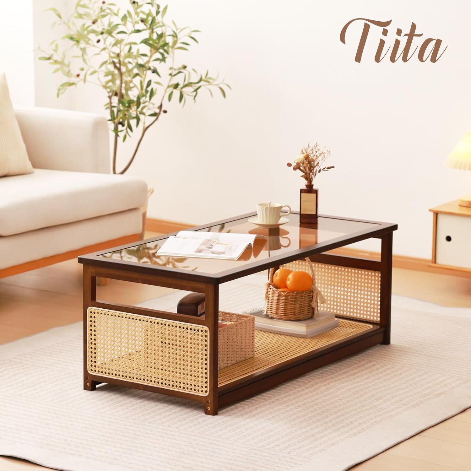 Coffee Tables for Living Room，Mid Century Modern Storage 2-Tier Coffee Tables，Rattan Glass Rectangletables，Suitable for Living Room Apartment，Brown