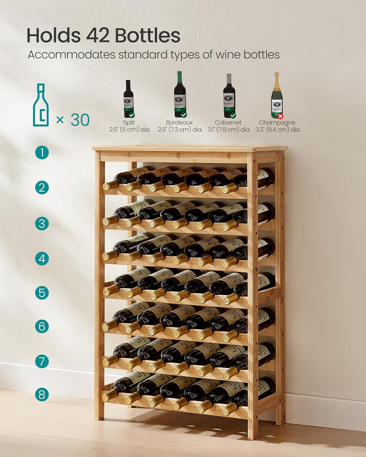 42-Bottle Wine Rack Free Standing Floor, 7-Tier Display Wine Storage Shelves with Table Top, Bamboo Wobble-Free Bottle Holder for Kitchen Bar Dining Room Living Room, Natural UKWR27NL