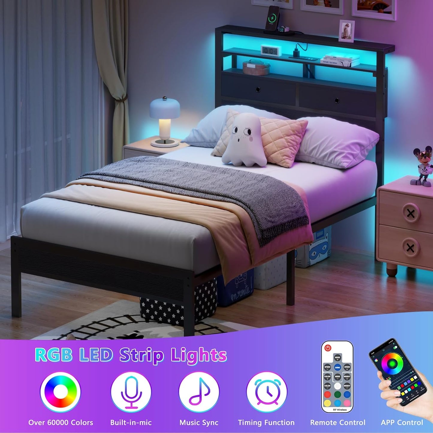 Twin Bed Frames with Charging Station and LED Lights, Wood Headboard with 2 Fabric Drawers and Storage Shelves, Twin Size Platform Bed with Metal Slats, No Box Spring Needed, Black Oak