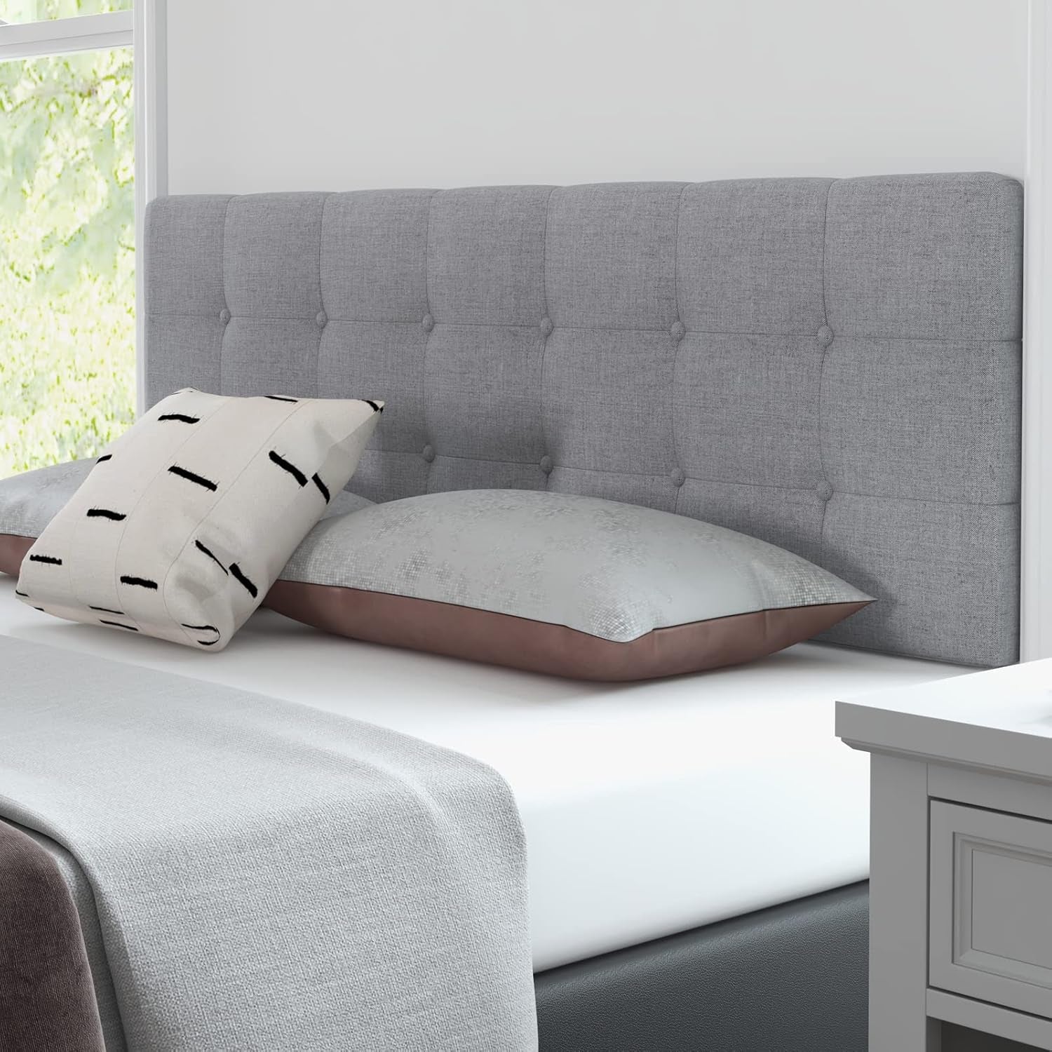 Linen Upholstered Headboard, Adjustable Width Button Tufted Headboard Only with Solid Wood Legs, Attach Frame, Rectangular Headboard for Queen Full Size Bed, Gray