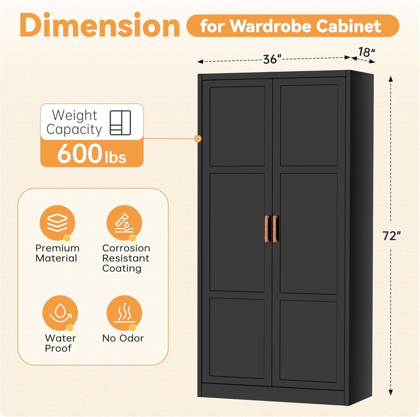 Metal Wardrobe Cabinet with Hanging Rod, 72" H Metal Clothing Storage Cabinets with Adjustable Shelves and 2 Doors, Black Armoire Wardrobe Closet for Bedroom, Laundry Room, Cloak Room