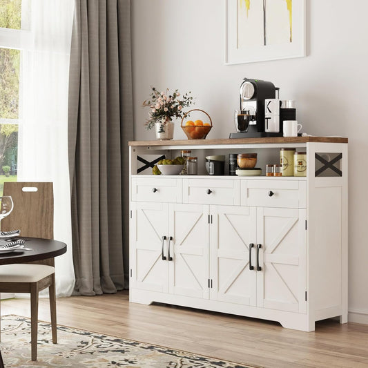 Farmhouse Buffet Cabinet with Drawers & Open Shelf, Sideboard Storage Cabinet, Kitchen Hutch Pantry, Wood Coffee Bar Station for Kitchen, Living Room, Hallway, 52" L White