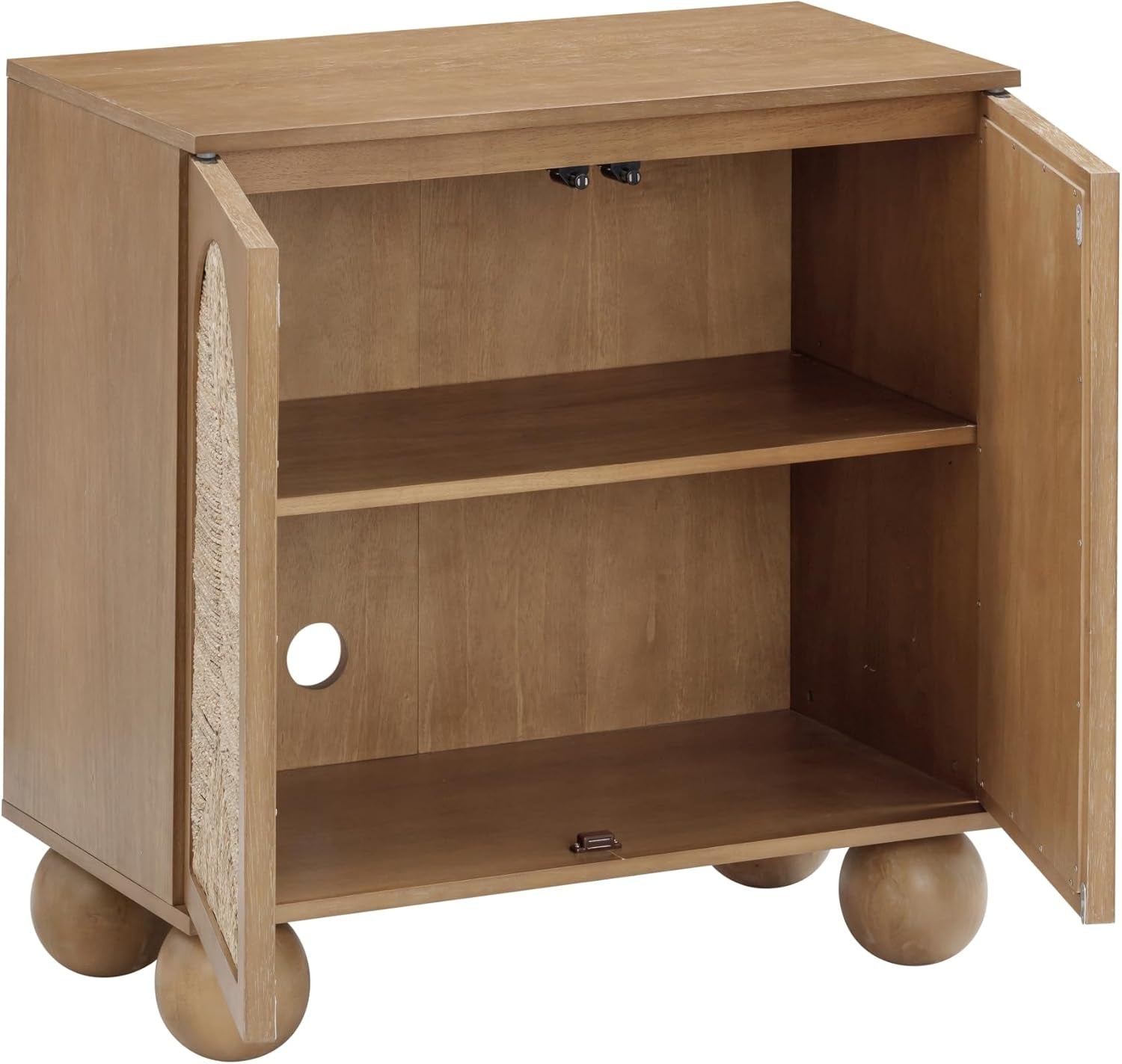 Leah Boho Entryway Storage Cabinet or Sideboard Cabinet for Kitchen or Living Room with Ball-Style Feet, Natural Seagrass Door Fronts and Solid Wood Legs, Light Brown
