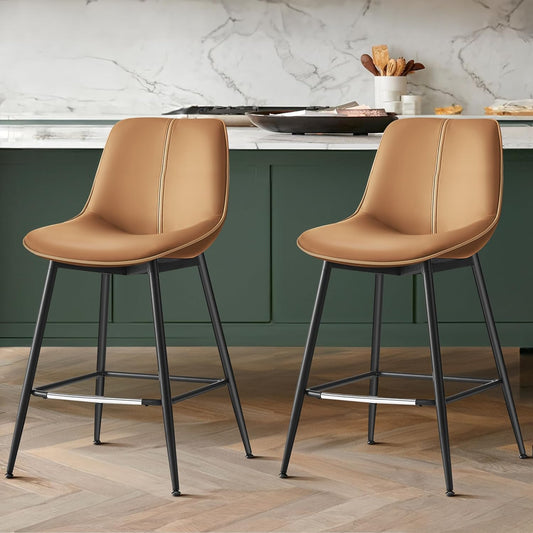 Bar Stools Set of 2, Counter Height Bar Stools with Back, Ergonomic Backrest, Synthetic Leather, Metal Legs, 24.4-Inch Tall Barstools for Kitchen Island Home Bar, Easy Assembly, Caramel Brown