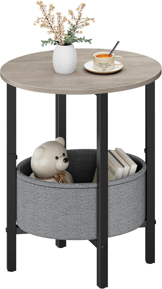 round Side Table End Table with Storage Basket, Small Side Table round Nightstand for Small Spaces, Tall Oval End Table with Steel Frame, Coffee Bedside Table for Living Room Bedroom, Greige