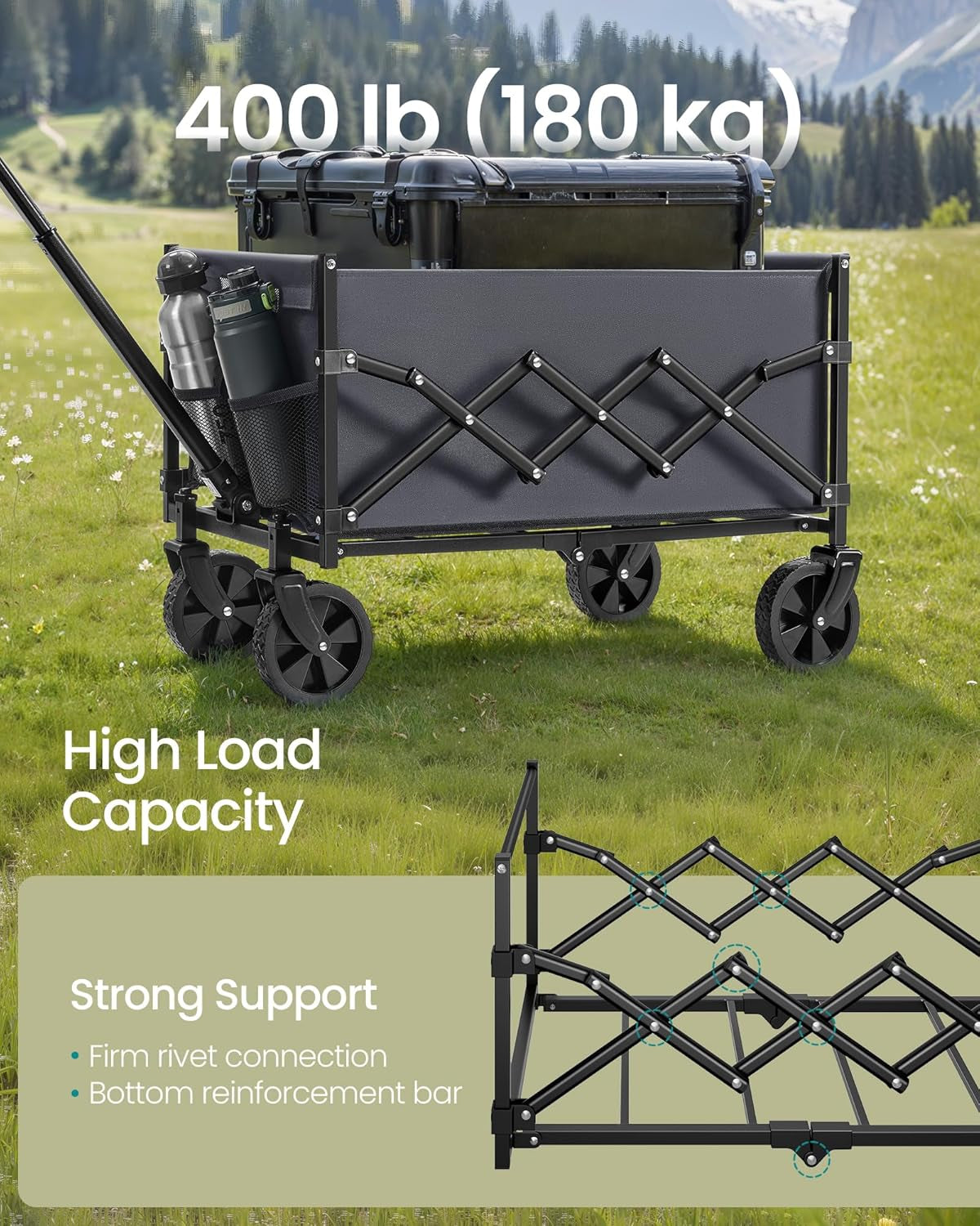 Small Collapsible Wagon with 400 Lb Dynamic Weight Capacity, Foldable Wagon Cart, Folding Camp Cart with Wheels, for Outdoor, Yard, 90 L, Slate Gray UGFW909G01