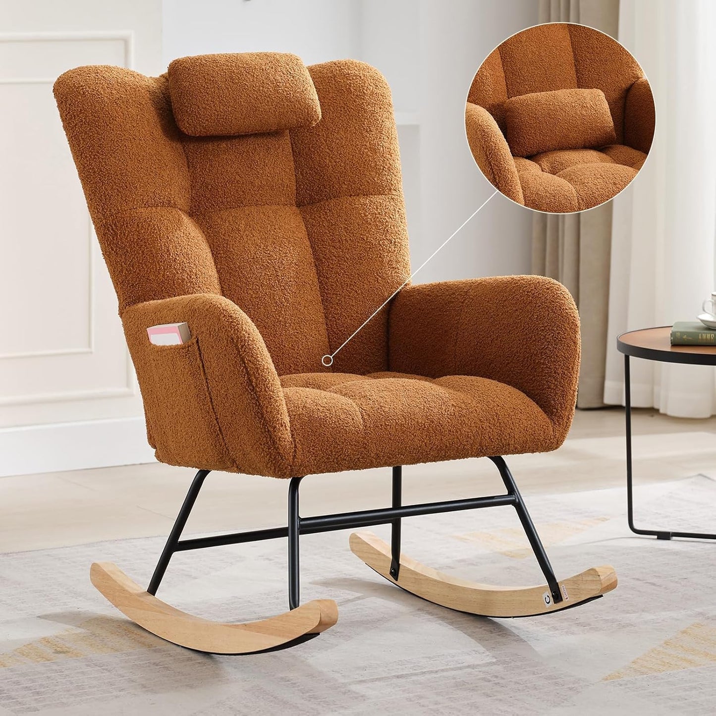 Nursery Rocking Chair,300Lb Glider Chair with Wood Legs/Two Side Pockets,Teddy Upholstered Glider Rocker with Padded Seat High Backrest for Living Room/Bedroom/Nursery