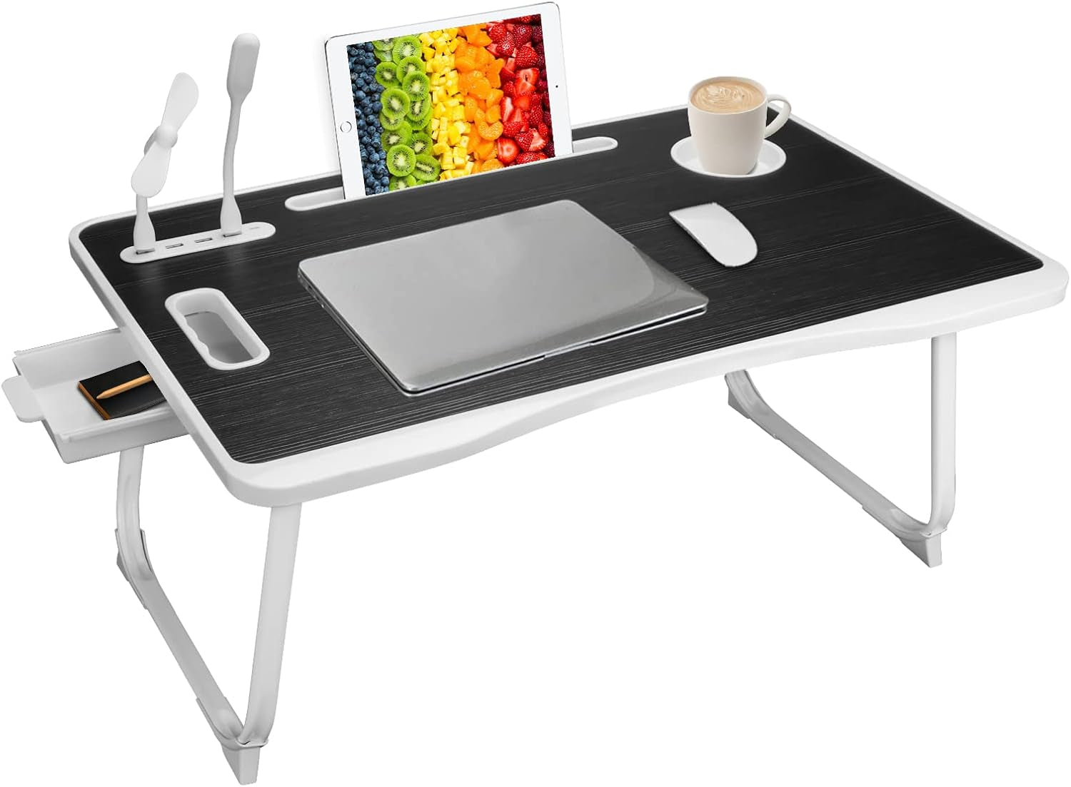 Laptop Bed Table, Laptop Desk for Bed, Foldable Laptop Bed Desk with USB Charge Port, Handle, Desktop Card Slot, Cup Slot, Side Drawer, Portable Laptop Table for Bed Eating Reading Working