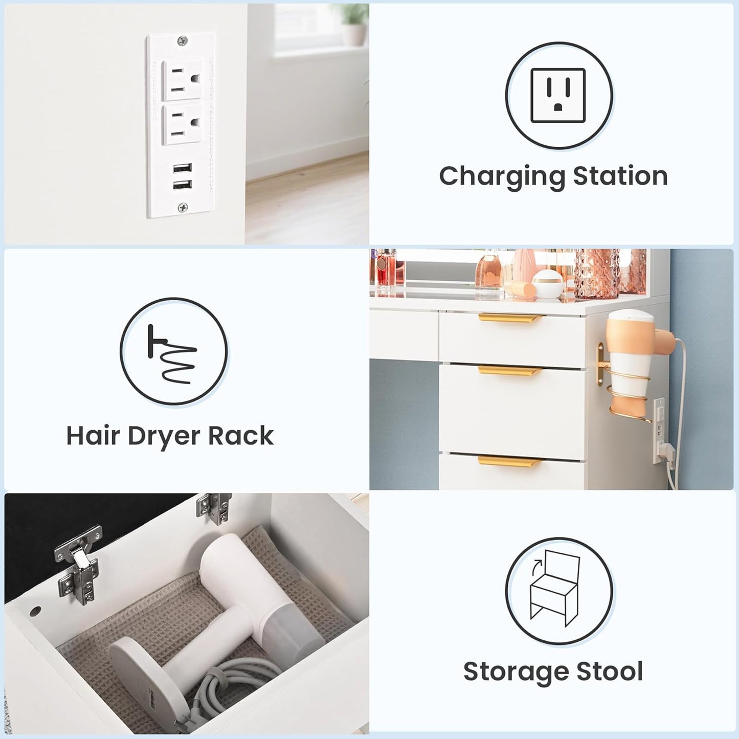 Glass Top Vanity Desk with Mirror and Lights, 11 Drawers Makeup Vanity with Charging Station and Chair, Golden Handles Dressing Table, 3 Lighting Modes Makeup Table, White