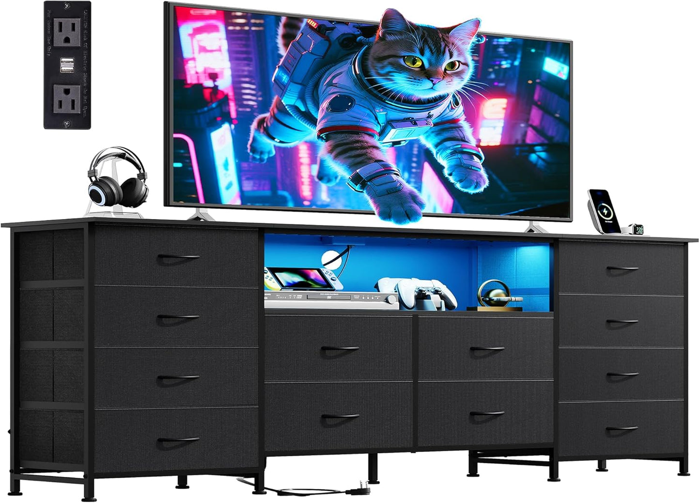 12 Drawer Dresser for Bedroom, Black Dresser TV Stand for 65, 70, 75 Inch TV with Led Light & Charging Station, Wide Chest of Drawers with Open Shelves, Fabric Dressers for Closet, Living Room