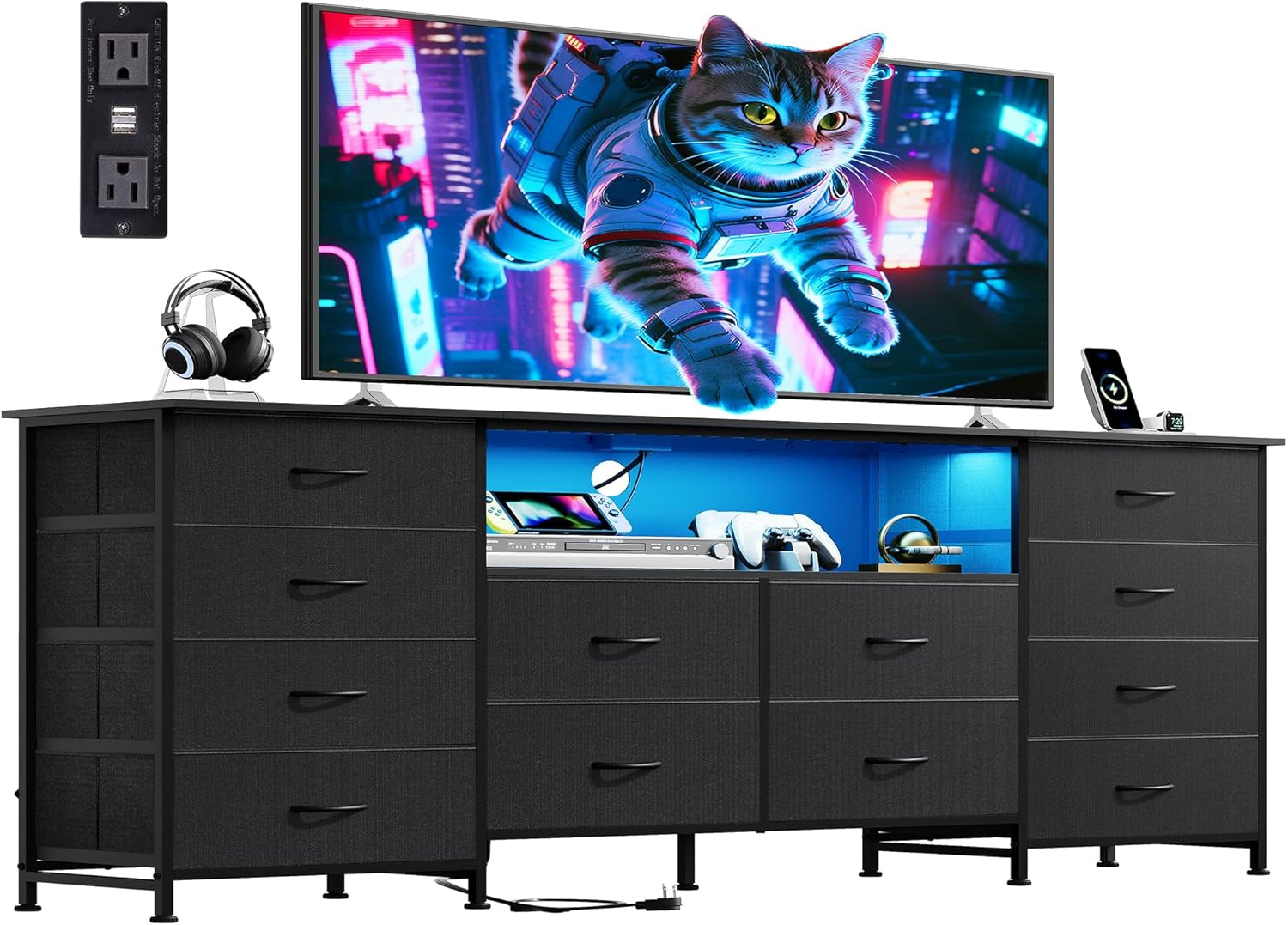 12 Drawer Dresser for Bedroom, Black Dresser TV Stand for 65, 70, 75 Inch TV with Led Light & Charging Station, Wide Chest of Drawers with Open Shelves, Fabric Dressers for Closet, Living Room