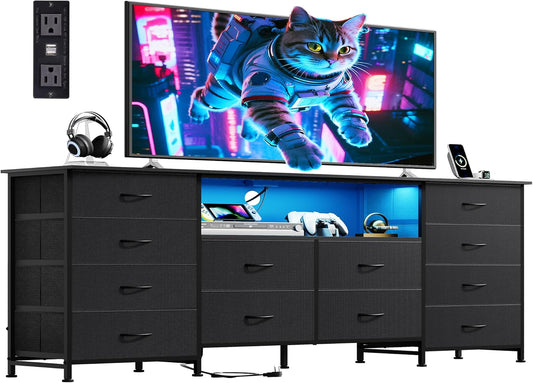 12 Drawer Dresser for Bedroom, Black Dresser TV Stand for 65, 70, 75 Inch TV with Led Light & Charging Station, Wide Chest of Drawers with Open Shelves, Fabric Dressers for Closet, Living Room