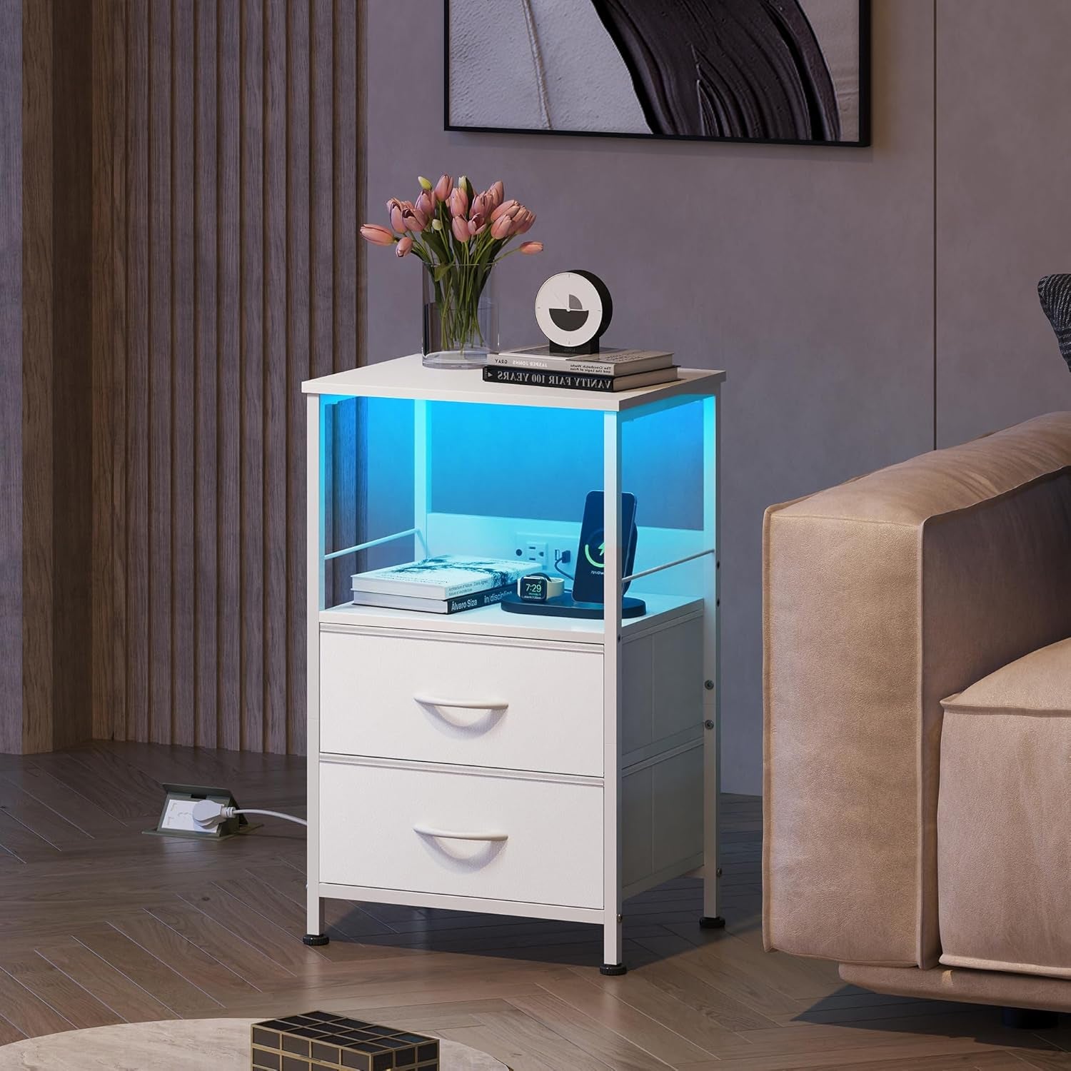 White Night Stand with Charging Station, LED Nightstand with 2 Fabric Drawers and Storage Shelf, Dorm Bedside Table End Table with 2 USB Ports and Outlets, Small Dresser for Bedroom