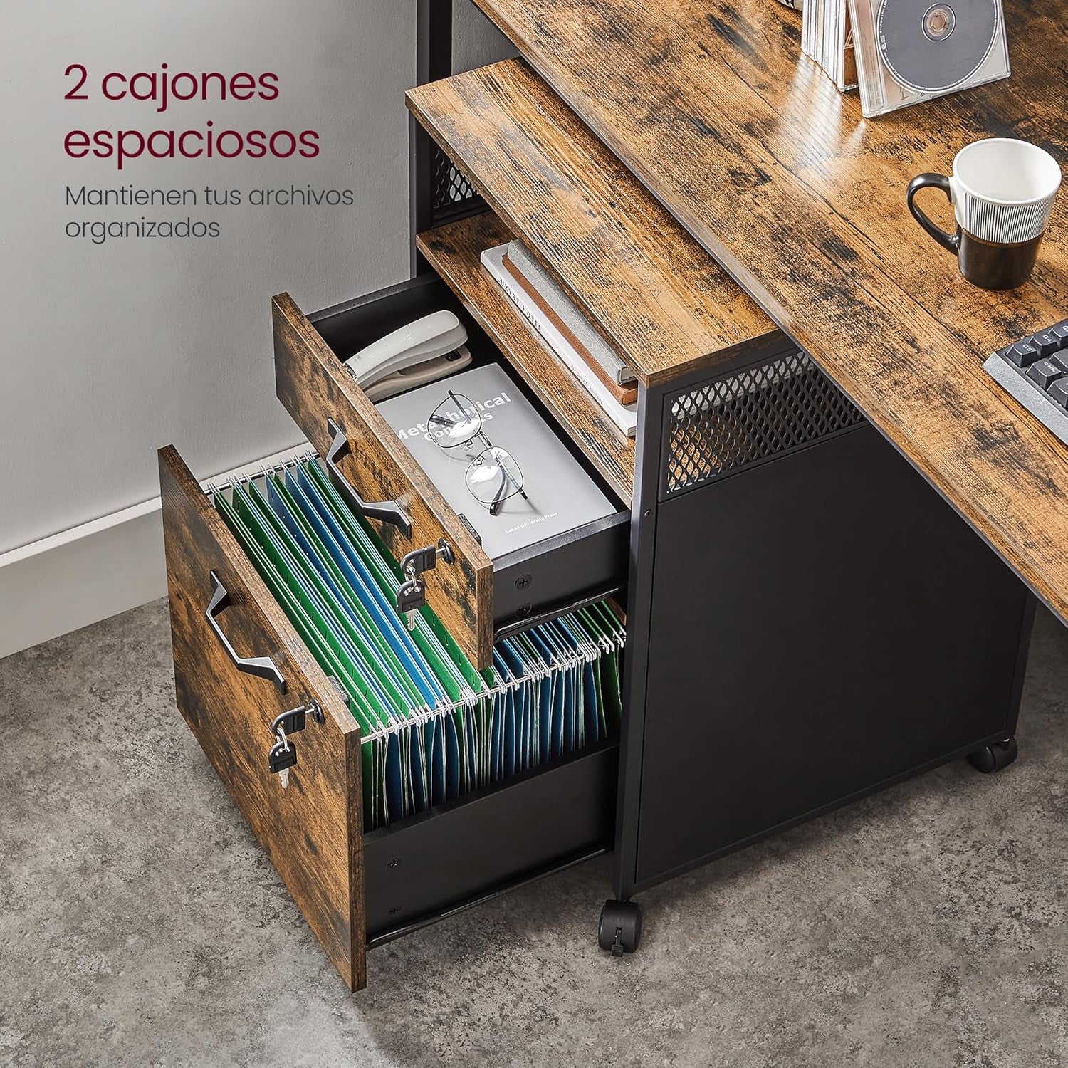 File Cabinet, Mobile Filing Cabinet on Wheels, for Home Office, 2 Lockable Drawers, for A4, Letter-Size Hanging File Folders, Open Shelf, Steel Frame, Rustic Brown and Ink Black UOFC077B01
