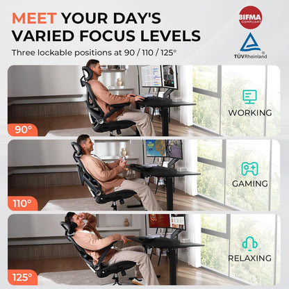 Ergonomic Mesh Office Chair, Adjustable Lumbar High Back Desk Chair 400Lbs, 4D Flip-Up Arms, 3-Level Tilt Backrest, 3D Headrest, PU Wheels, Swivel Rolling Computer Seating for Long Desk Work