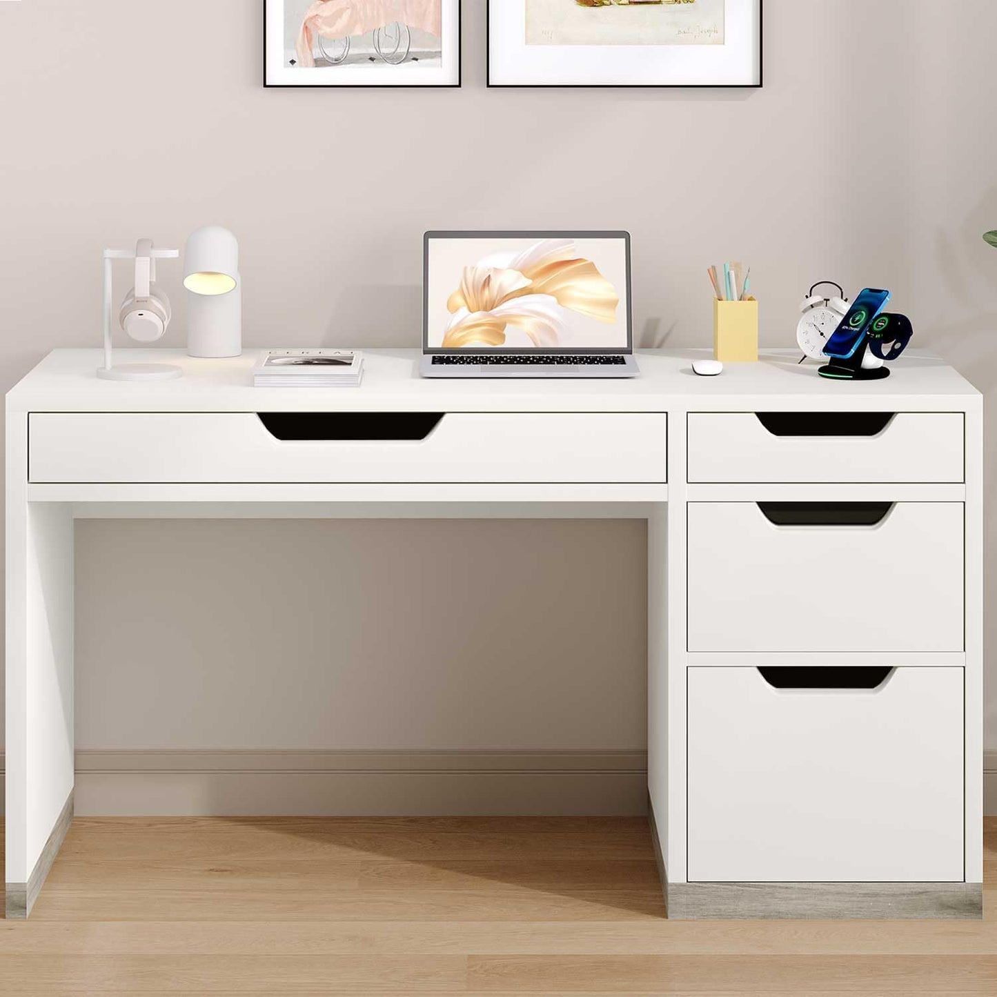 52 Inch White Desk with 4 Drawers, Computer Desk with Storage for Small Spaces with Storage File Cabinet, Small Home Office Desk with Drawers for Bedroom