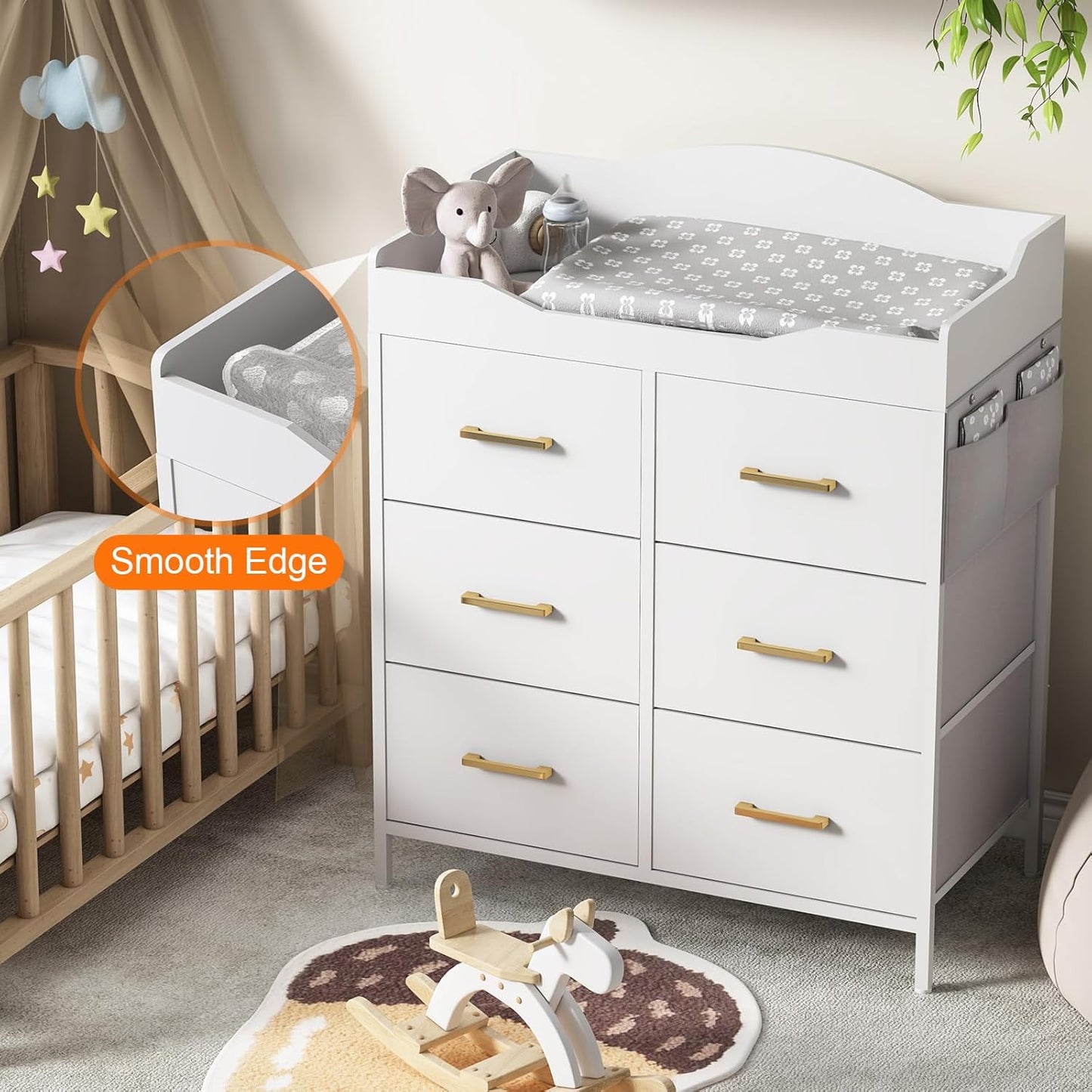White Changing Table Dresser with 6 Fabric Drawers and Side Pockets, Nursery Dresser with Changing Top, Baby Dresser with Drawers, Diaper Changing Station for Nursery and Bedroom