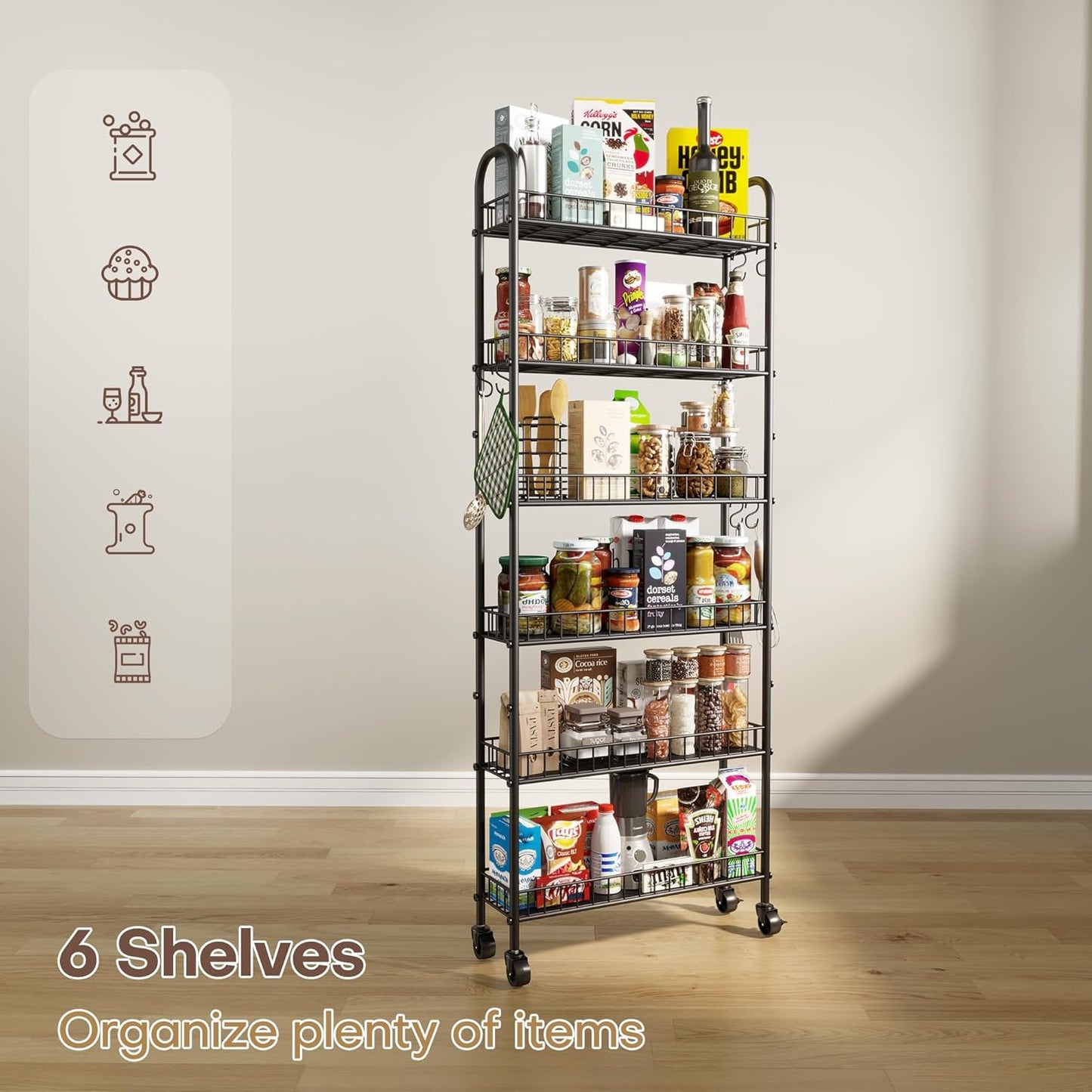 Slim Rolling Storage Cart with Wheels, Metal 6 Tier Mobile Shelving Unit Organizer Kitchen Utility Cart for Office Bathroom Kitchen Laundry Room Narrow Places (6Inches)