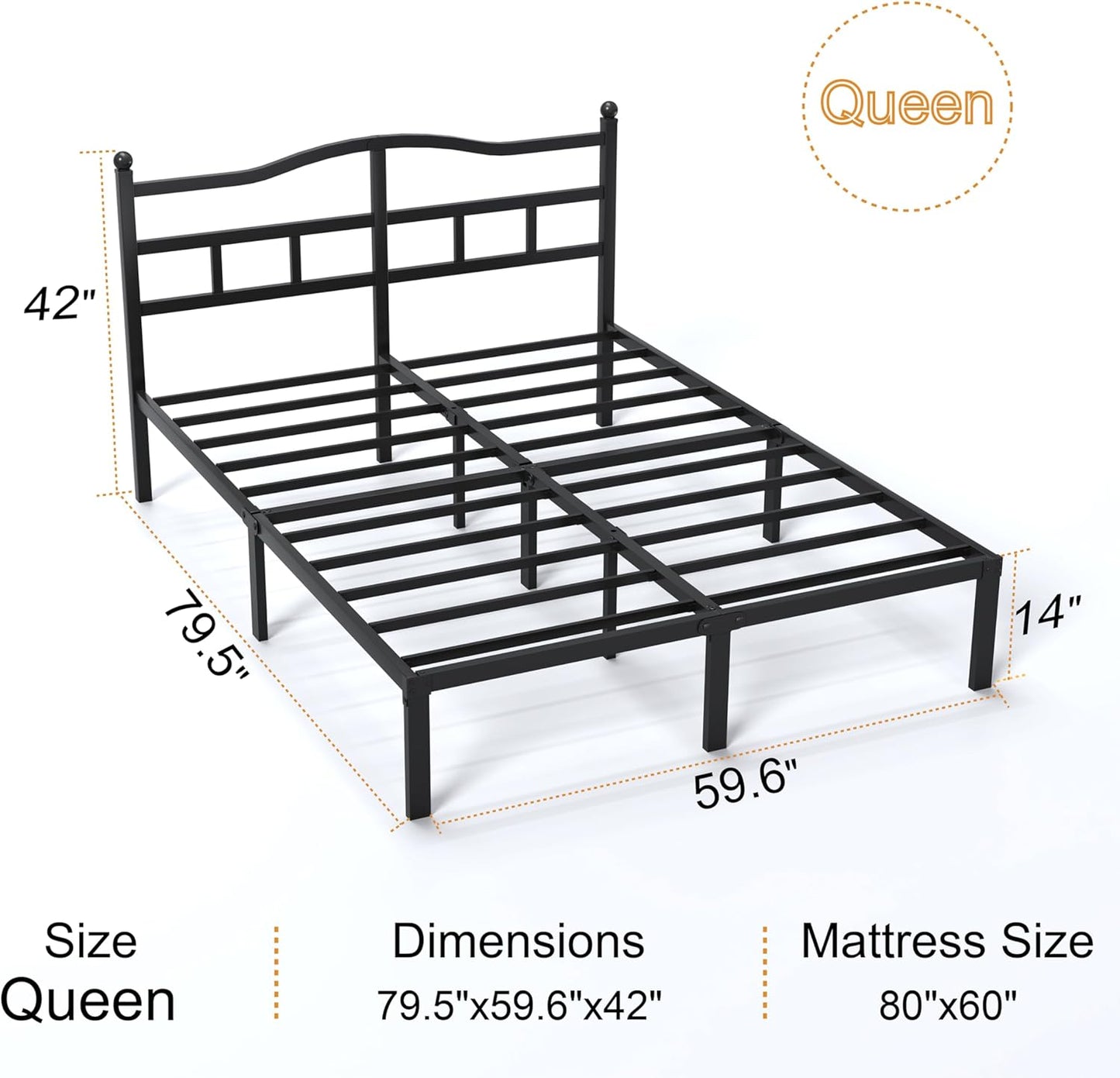14 Inch Queen Bed Frame with Headboard, Heavy Duty Metal Platform Bed Frame Queen Size Mattress Foundation with Sturdy Steel Slats, Easy Assembly Noise Free