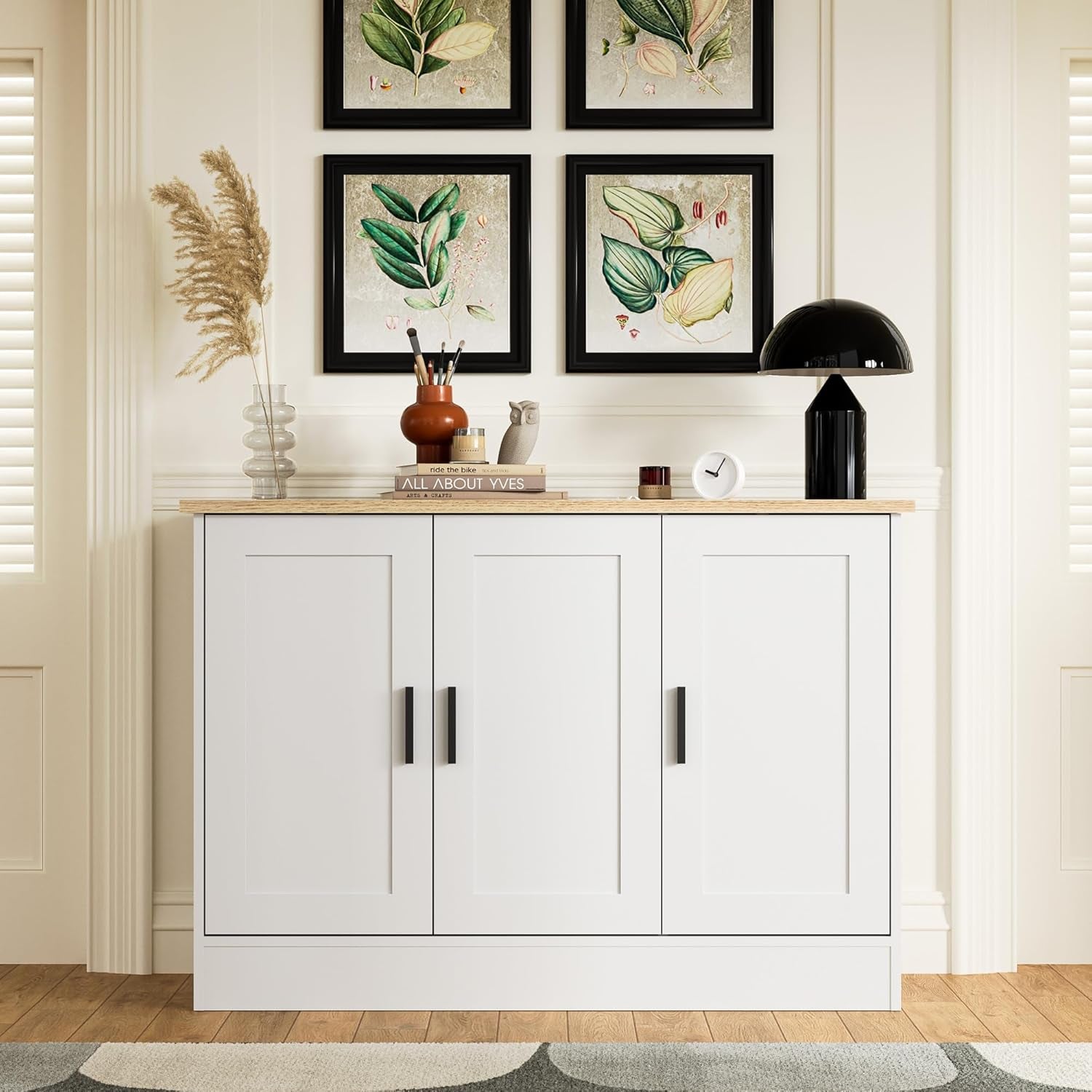 43.3”W White 3 Door Buffet Cabinet, Coffee Bar with Adjustable Shelf, Kitchen Sideboard for Living Room, Kitchen