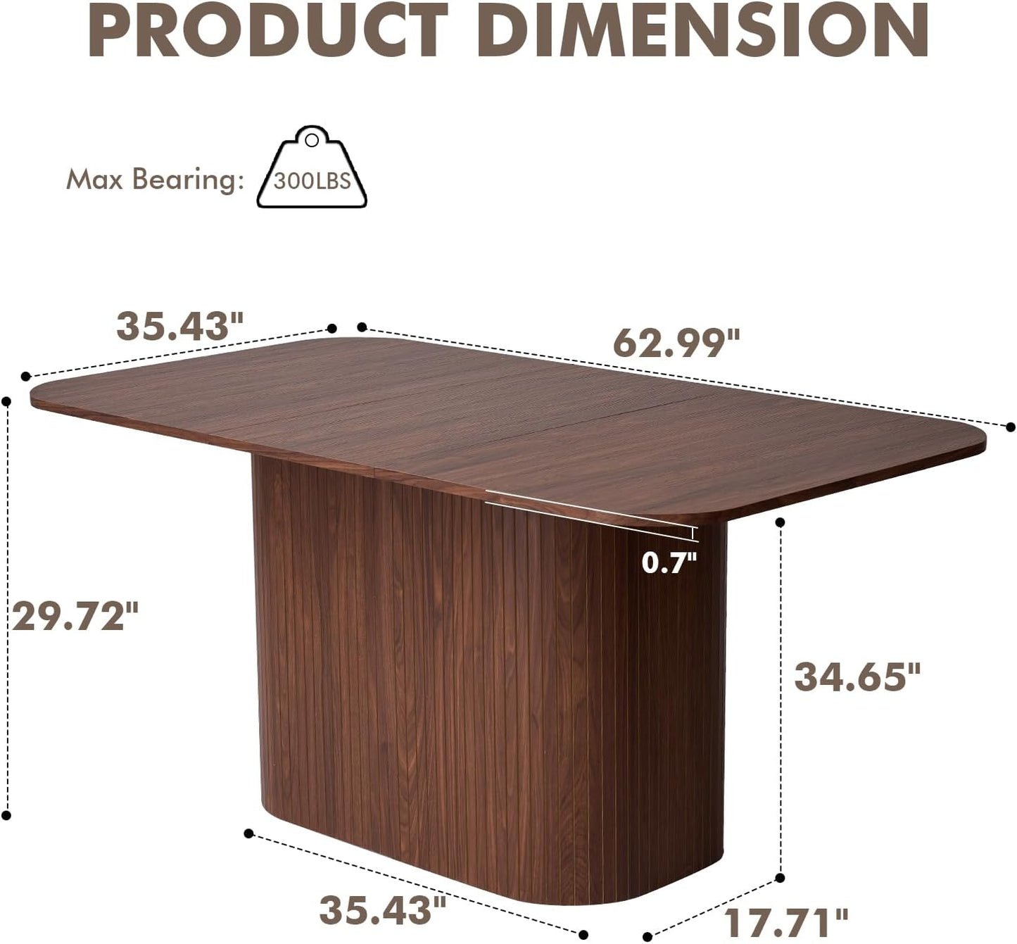 63" Large Dining Table for 4 6 Person, [Rounded Corners] [Wood Strip Pedestal Base] Farmhouse Modern Rectangle Kitchen Dinner Table