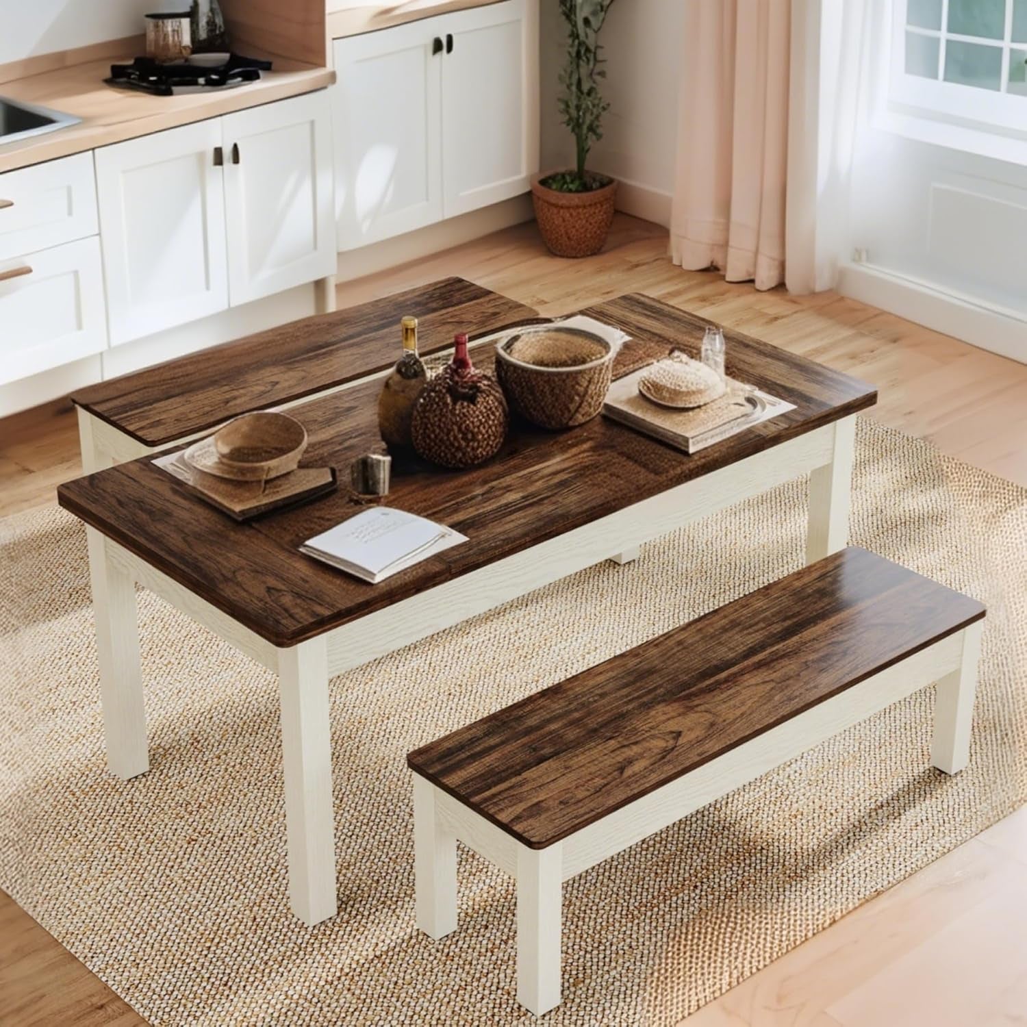 Farmhouse Kitchen Table Set for 4-6, 55-Inch Wooden Dining Table with 2 Benches, Space Saving 3 Pieces Heavy Duty Dinette for Dining Room, Kitchen, Small Space