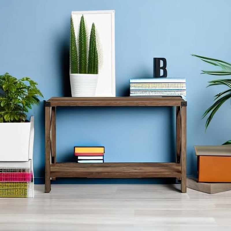 Sedalia Modern Farmhouse Metal X Entry Table, 46 Inch, Rustic Oak