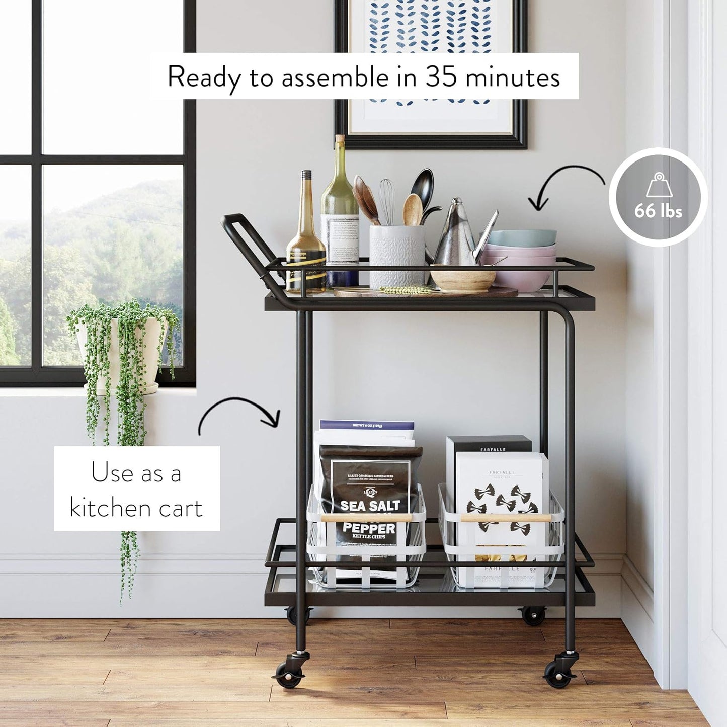 Sally Rolling Bar or Cart for Tea or Cocktail, 2-Tiered Glass and Metal, Black