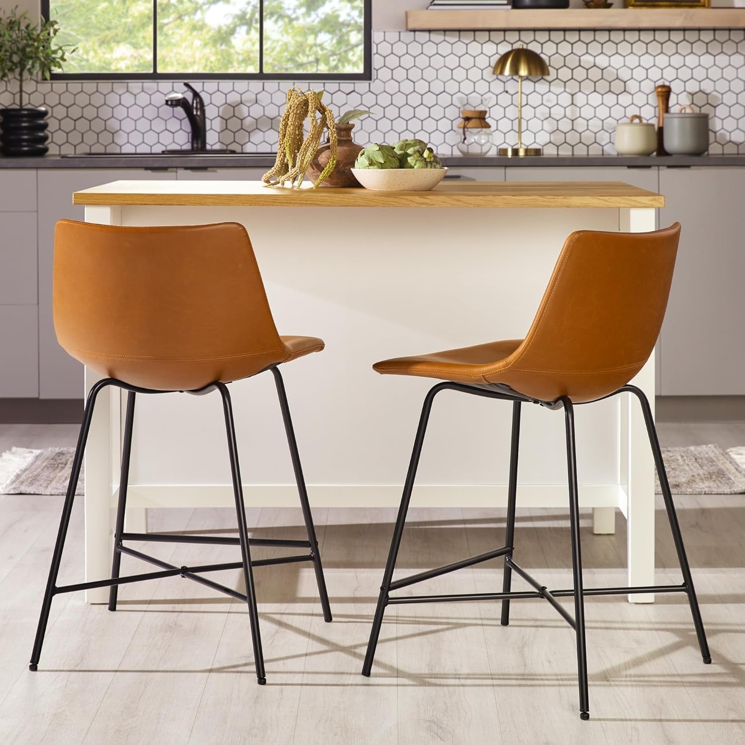 Xuma Modern Faux Leather Armless Low Back Counter Stool, Set of 2, Whiskey Brown