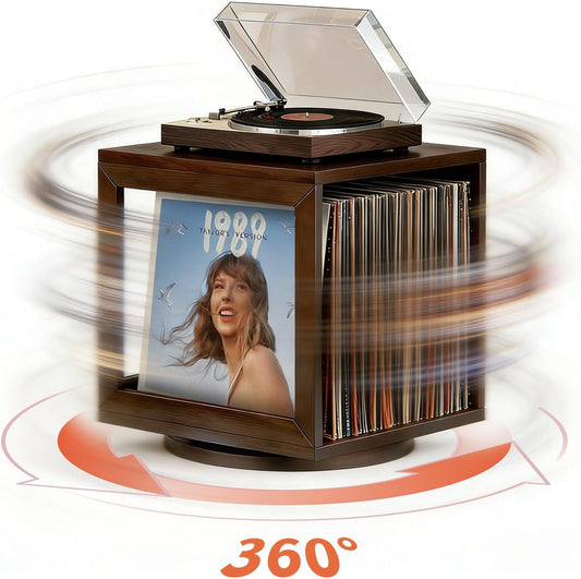 Vinyl Record Storage, Wooden Rotating Record Player Stand Storage Holder for 80 Lps - Retro Turntable Stand with 360° Rotation, for Vinyl Records, Books, Magazines, Cds