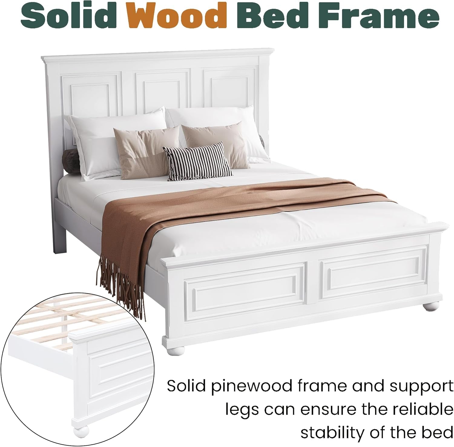 Farmhouse Queen Bed Frame with Tall Headboard and Footboard, Pinewood Panel Bed Frame Queen with under Bed Storage, Noise-Free, No Box Spring Needed, Traditional Style, White