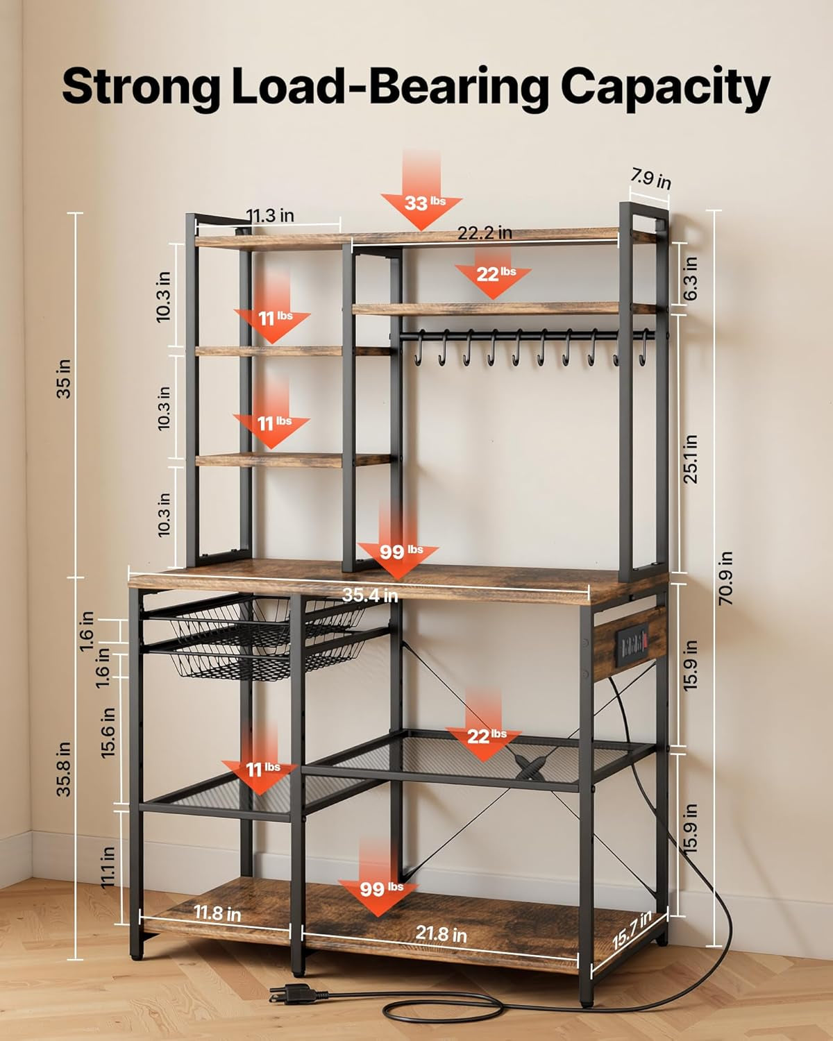 Kitchen Bakers Rack with Power Outlets, 35.4X15.7X70.9 Inch Microwave Stand with Built-In Power Strip & 5 Ft Cord, 10 S-Shaped Hooks, for Dish Storage, Spice Jars, Coffee Bar Organization