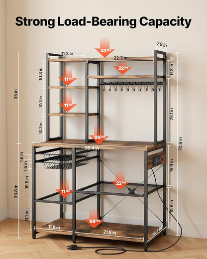 Kitchen Bakers Rack with Power Outlets, 35.4X15.7X70.9 Inch Microwave Stand with Built-In Power Strip & 5 Ft Cord, 10 S-Shaped Hooks, for Dish Storage, Spice Jars, Coffee Bar Organization