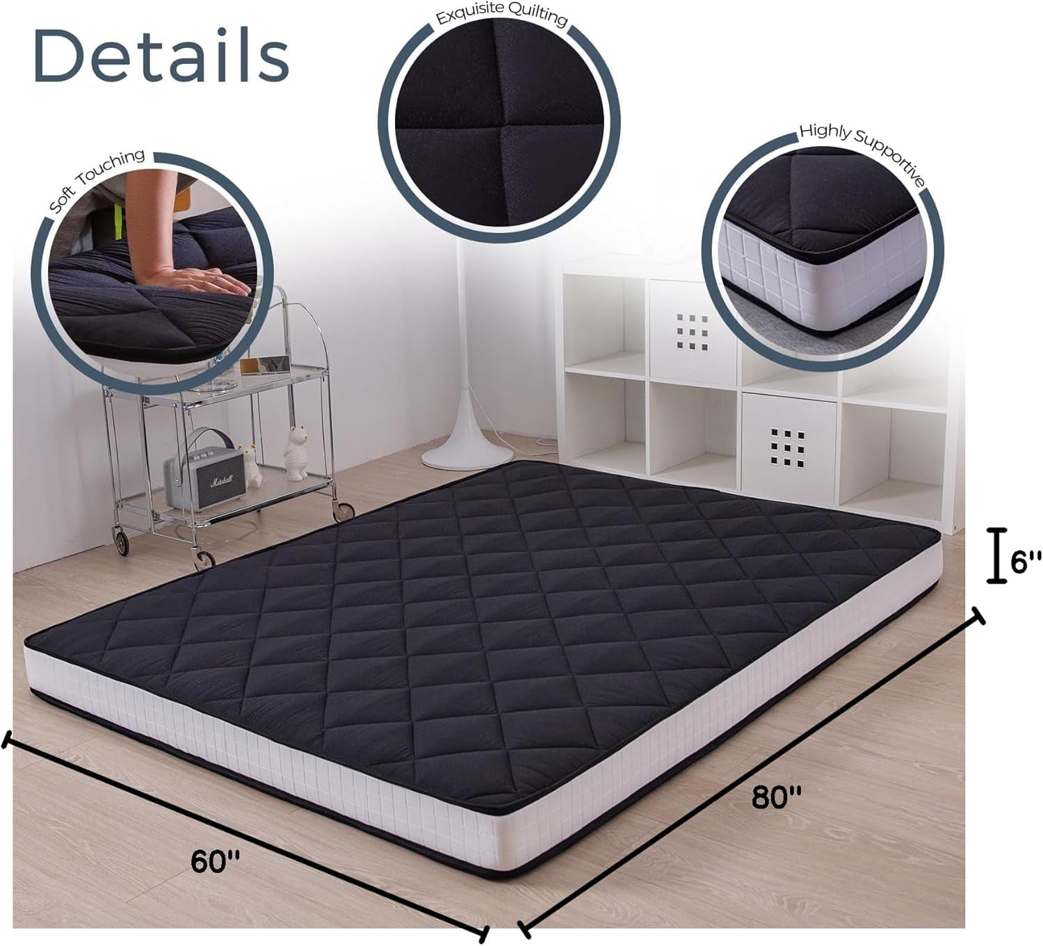 6" Extra Thick Futon Mattress, Queen Size Diamond Pattern Mattress Pad Tatami Pad Japanese Floor Mattress for Adults Guest Mattress, Black