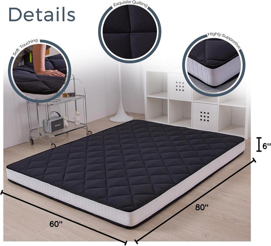 6" Extra Thick Futon Mattress, Queen Size Diamond Pattern Mattress Pad Tatami Pad Japanese Floor Mattress for Adults Guest Mattress, Black