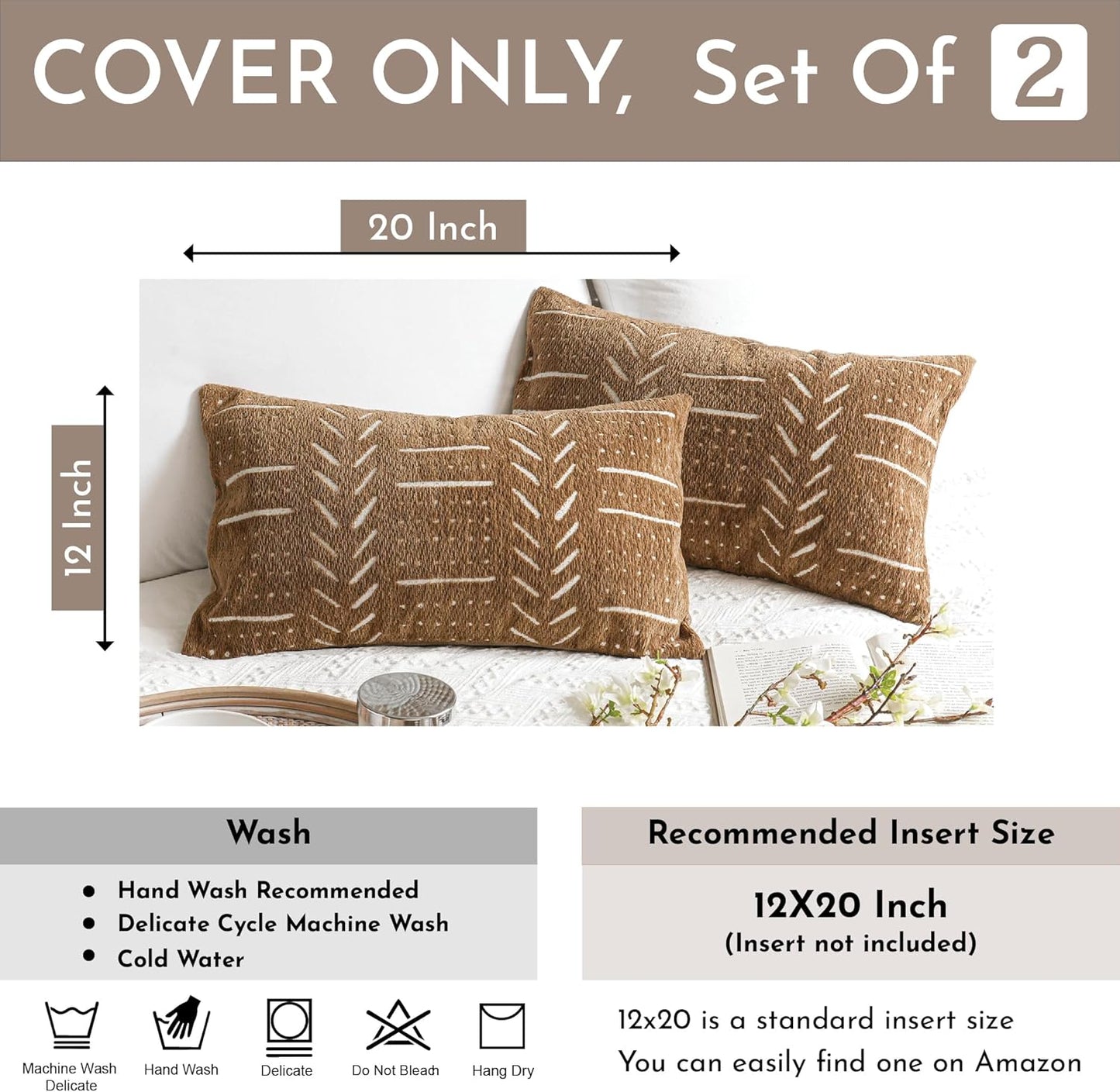 Fall Brown Decorative Lumbar Throw Pillow Covers 12X20, Set of 2, Boho Farmhouse Cushion Cover, Soft Accent Pillowcase for Couch Sofa Bed Living Room Home Décor