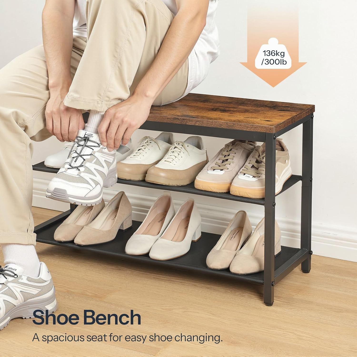 Hall Tree with Bench, Shoe Rack with Coat Rack, Entryway Bench with Coat Rack, Coat Rack with Shoe Storage, with 2 Oxford Fabric Shelves, Mud Room, Industrial, Rustic Brown and Black BF77MT01