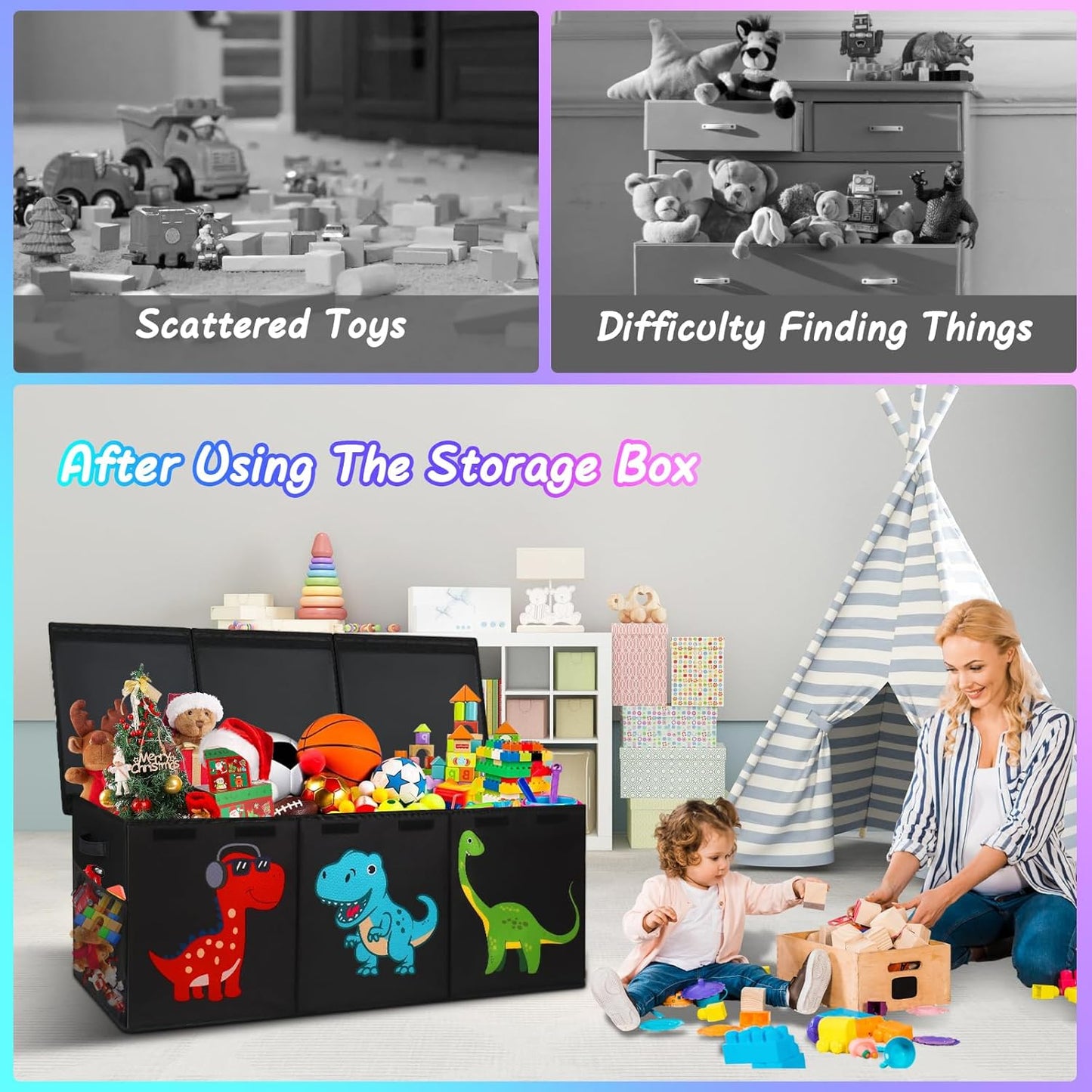 Extra Large Toy Box Chest, Collapsible Storage Organizer with Lids, Sturdy Dinosaur Toybox for Boys Girls, 40"X16"X16" Kids Storage Bin Box Baskets for Living Room, Playroom, Bedroom, Nursery