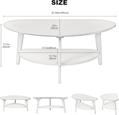 Mid-Century Modern Coffee Table for Living Room, 100% Solid Wood Oval Coffee Table, 2 Tier Wooden Coffee Tables for Home Office Livingroom, 40.2 X 22 Inches Easy Assemble (White)