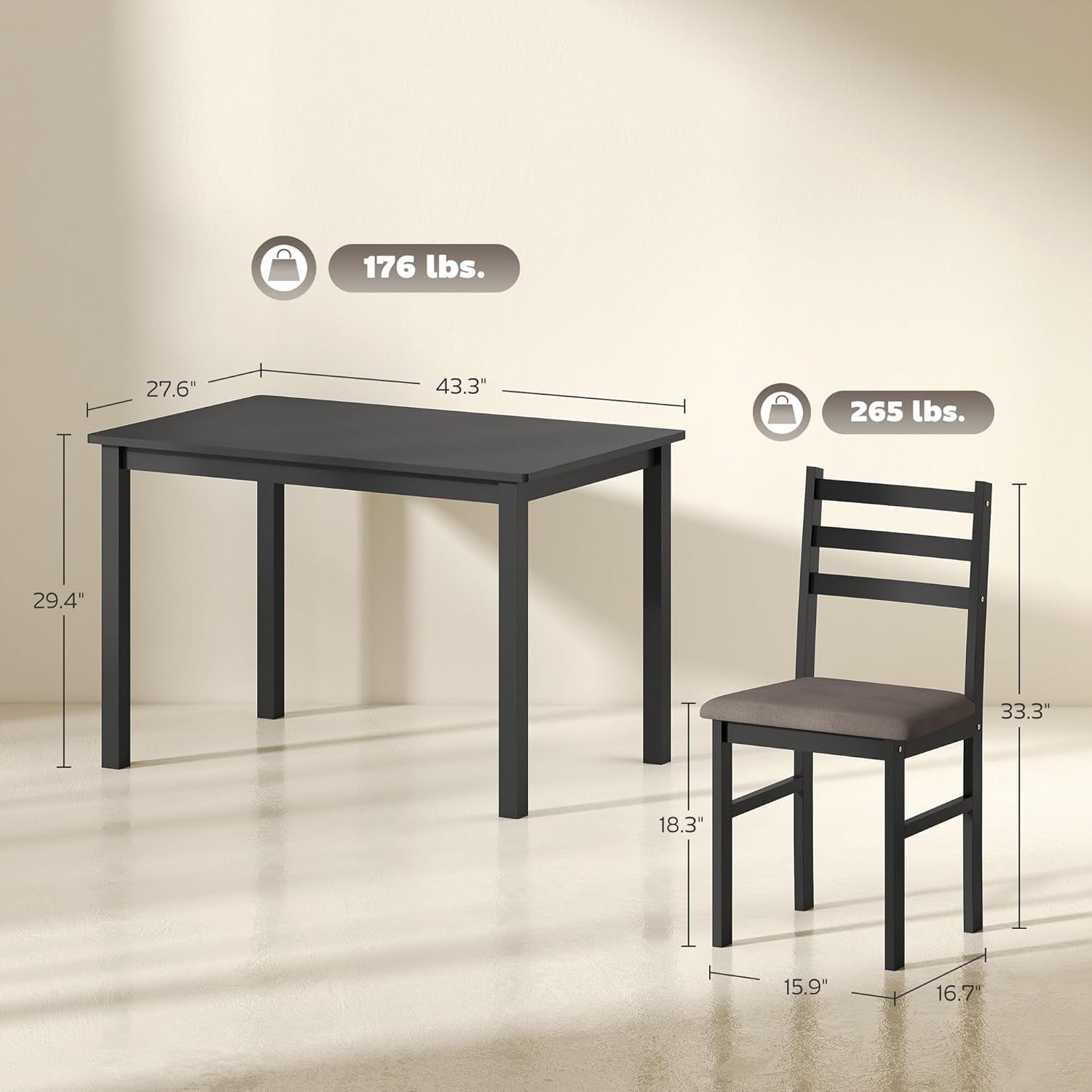 5-Piece Dining Table Set for 4 with Solid Wood Frame, Farmhouse Kitchen Table Set with 4 Upholstered Padded Chairs for Small Space, Dining Room, Breakfast Nook, Black