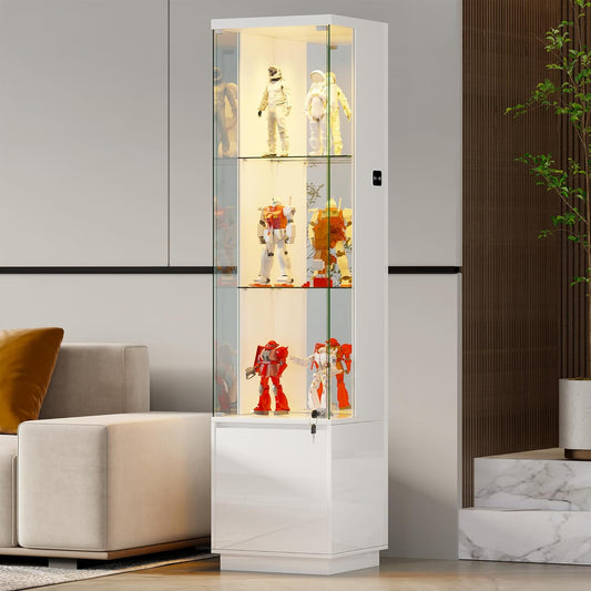 Corner Glass Display Cabinet with Lockable&3 Color Lights for Living Room White, Curio Cabinet with Adjustable Glass Shelf for Liquor Figurine Bookcase for Living Room