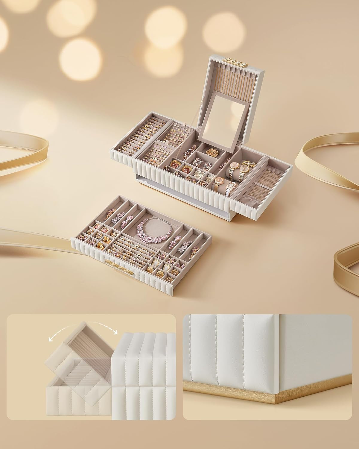 HOME Large Capacity Jewelry Box with Mirror, Jewelry Organizer with a Drawer, PU Surface with Stitching, 10.6 X 15 X 6.3 Inches, Cloud White, ANAH Collection ​UJBC184W01