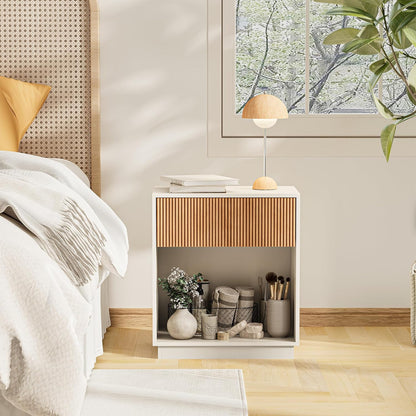 Fluted Nightstands Set of 2, Modern Bedside Table with Drawer and Storage Shelf, Wood End Table Mid Century Night Stands for Bedroom Living Room Sofa Couch Office (White+Oak)