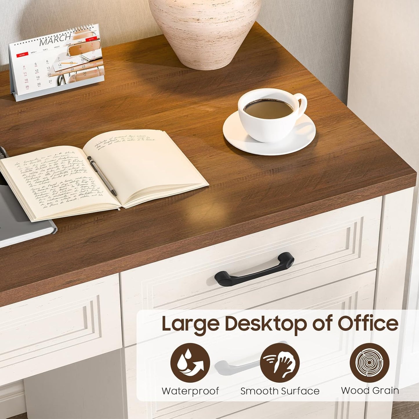 Farmhouse Executive Desk with Storage and Ample File Drawer, Rustic Large Home Writing Desk for Bedroom, White