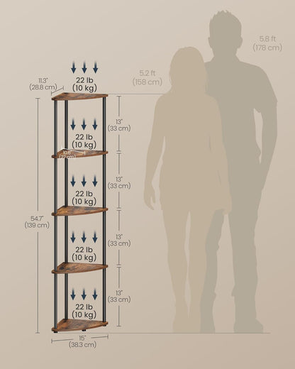 Superfast Toolless Assembly, Corner Shelf Stand, 5-Tier Corner Standing Shelf, Living Room, Bedroom, Kitchen, 15 X 10.6 X 54.7 Inches, Rustic Brown ULBC610K01