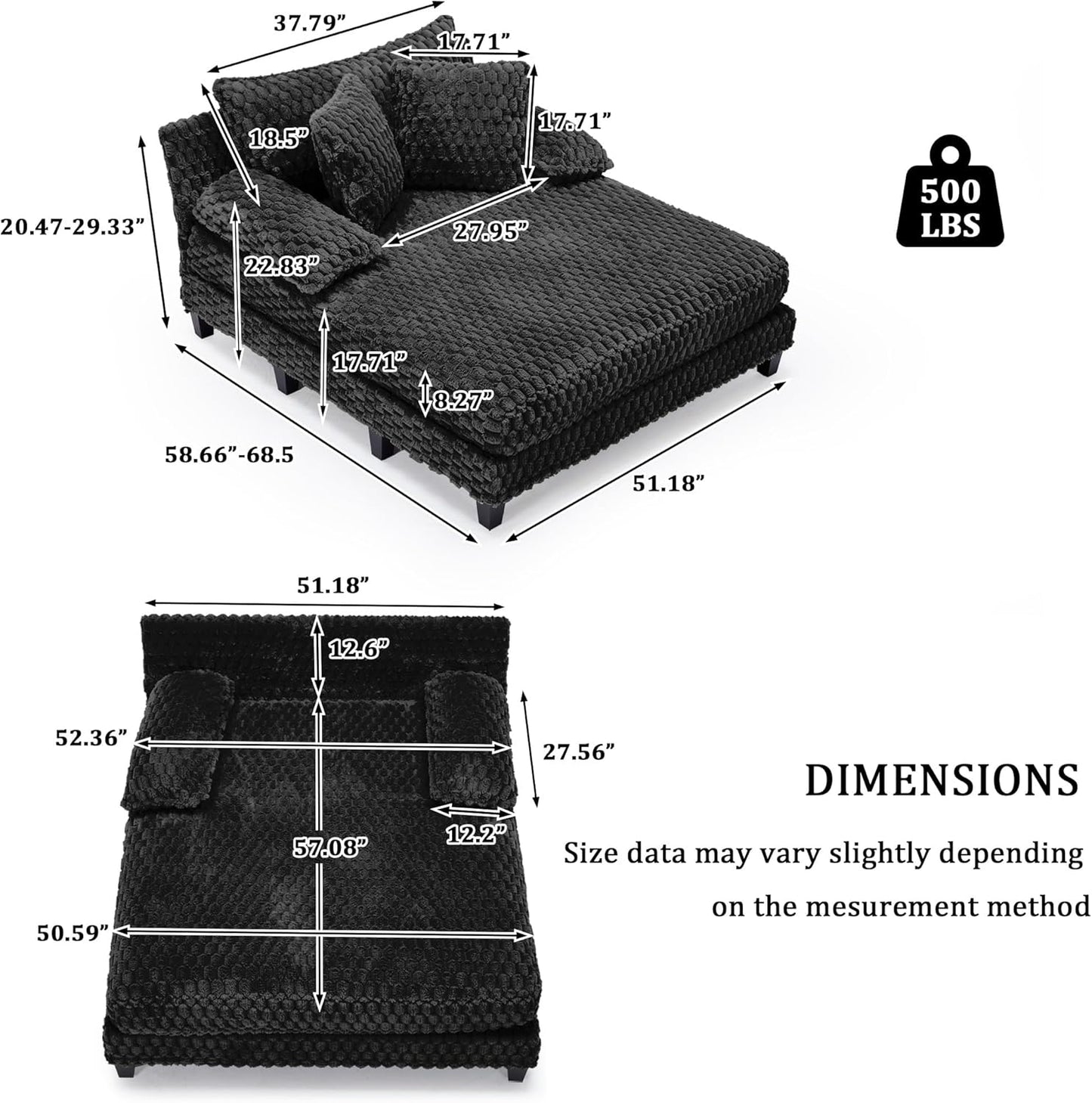 Faux Fur Chaise Lounge Indoor with Adjustable Backrest, 59 Inches Single Sleeper Sofa Chair with 3 Lumbar Pillows, Upholstered Oversized Lounge Chair for Living Room, Bedroom, Office