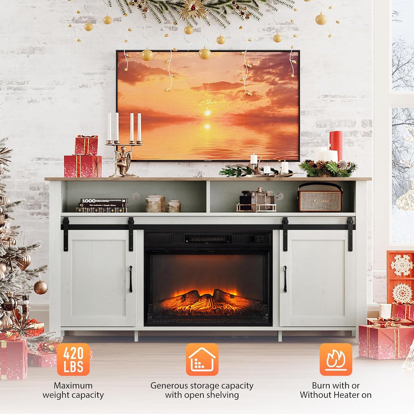 Fireplace TV Stand with Sliding Barn Door for 70 Inch TV, Farmhouse Entertainment Center ＆ 23" Fireplace, Media Console Table with Storage Cabinets for Living Room, Distressed White & Barnwood