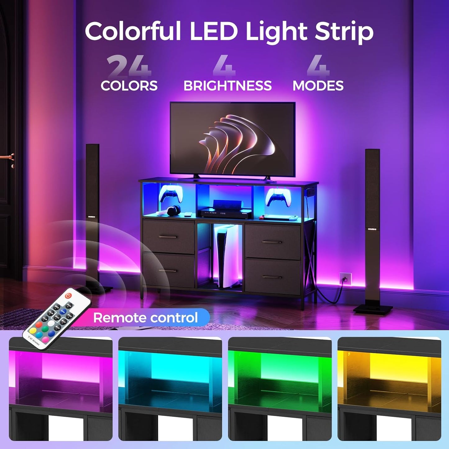 Dresser TV Stand, Entertainment Center with Power Outlets and LED Light, Media Console with Drawers and Open Shelves for 50'' TV, for Living Room, Bedroom, Black TVHB110E01N1