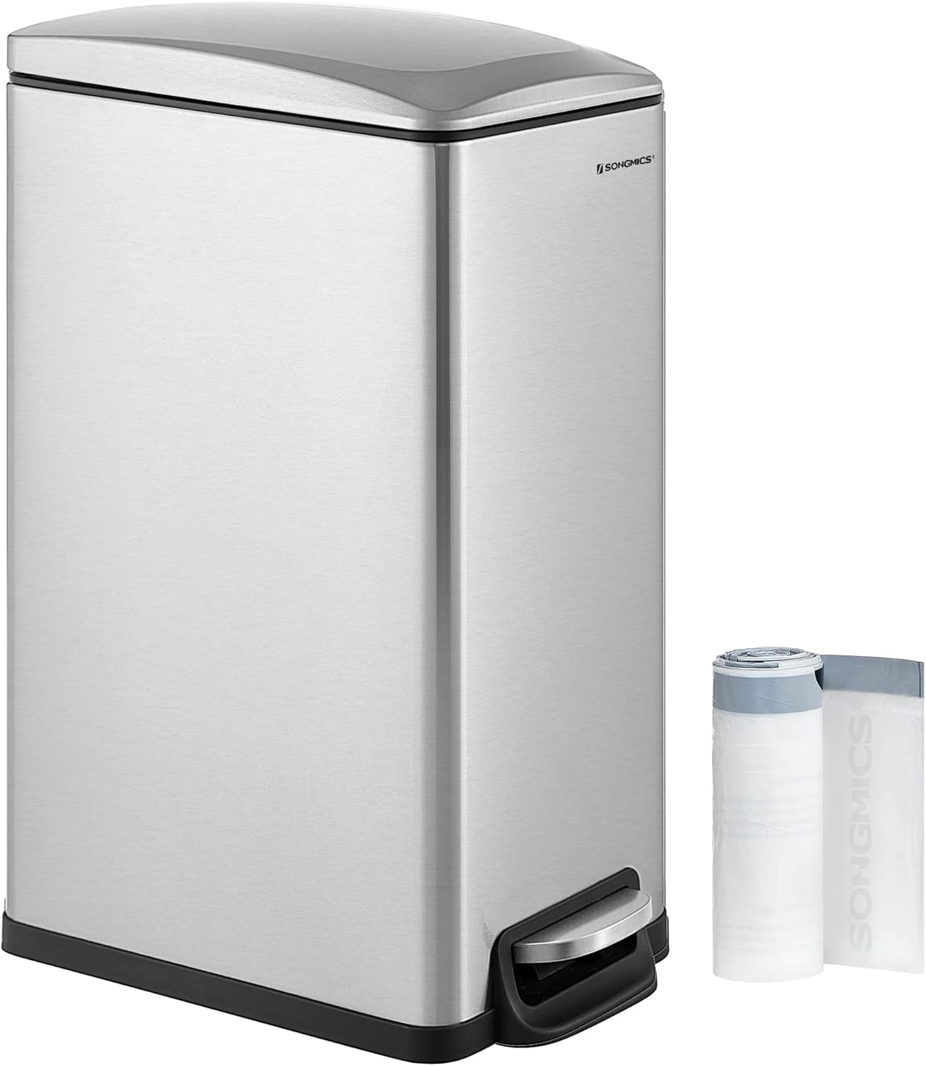 Slim Trash Can, 13-Gallon (50 L) Garbage Can for Narrow Spaces with Soft-Close Lid, Inner Bucket, and Step-On Pedal, Stainless Steel, 15 Trash Bags Included, Silver ULTB510E48