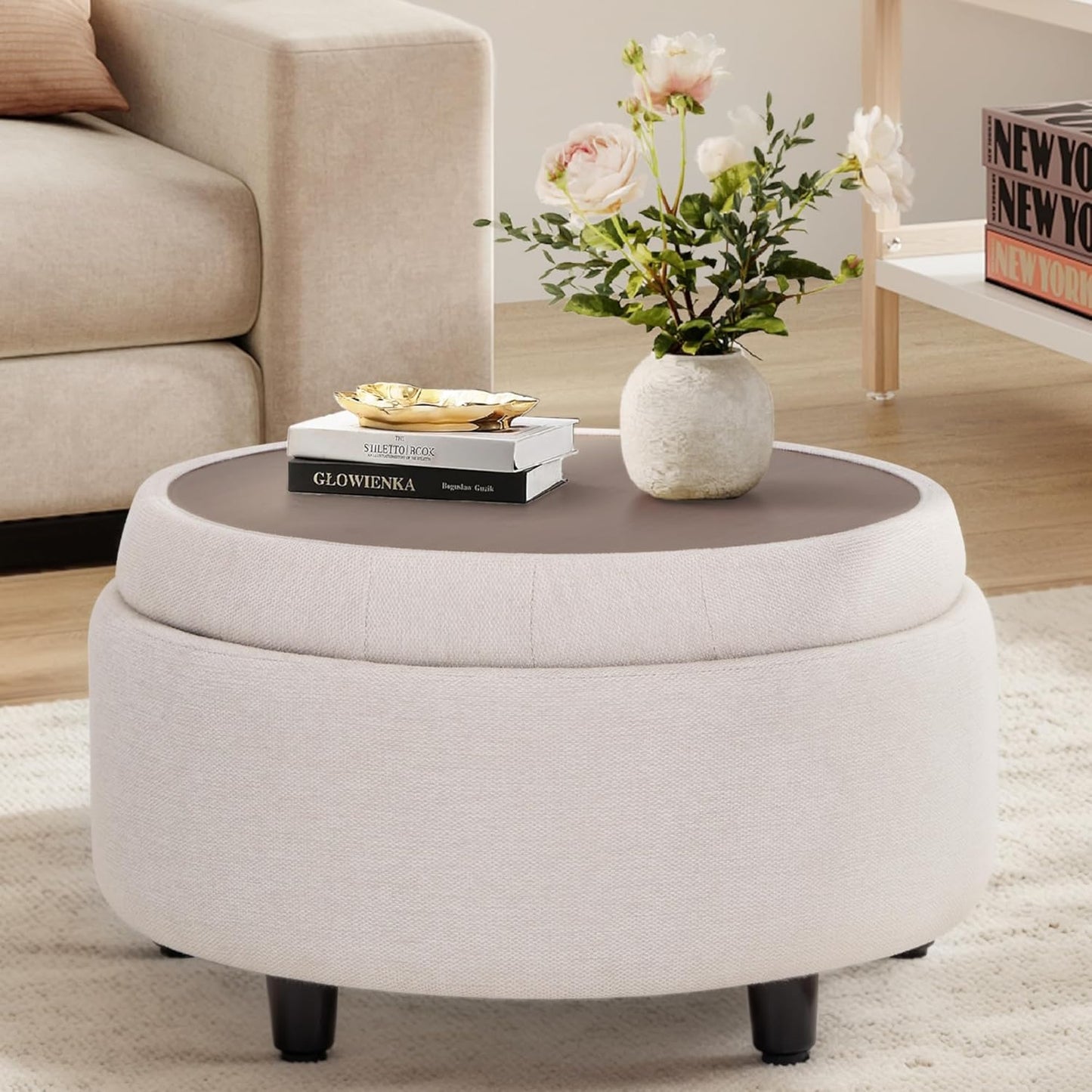 Fabric round Storage Ottoman with Reversible Tray Lid – Multi-Functional Footrest, Hidden Storage, Sturdy & Stylish Small Coffee Table for Living Room, Bedroom, or Entryway(Beige)